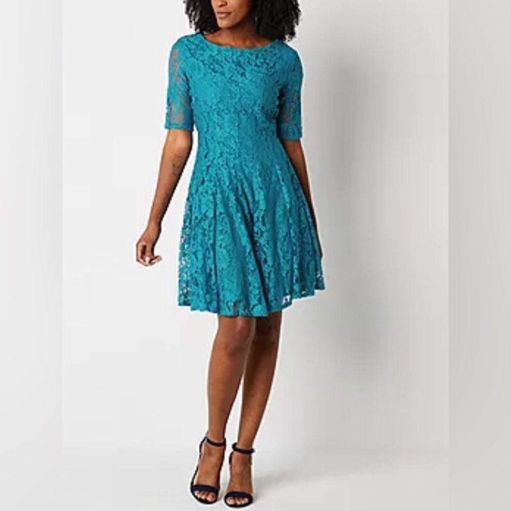 Danny and Nicole Women's 16 Fit and Flare Dress Teal Floral Lace Preppy NEW